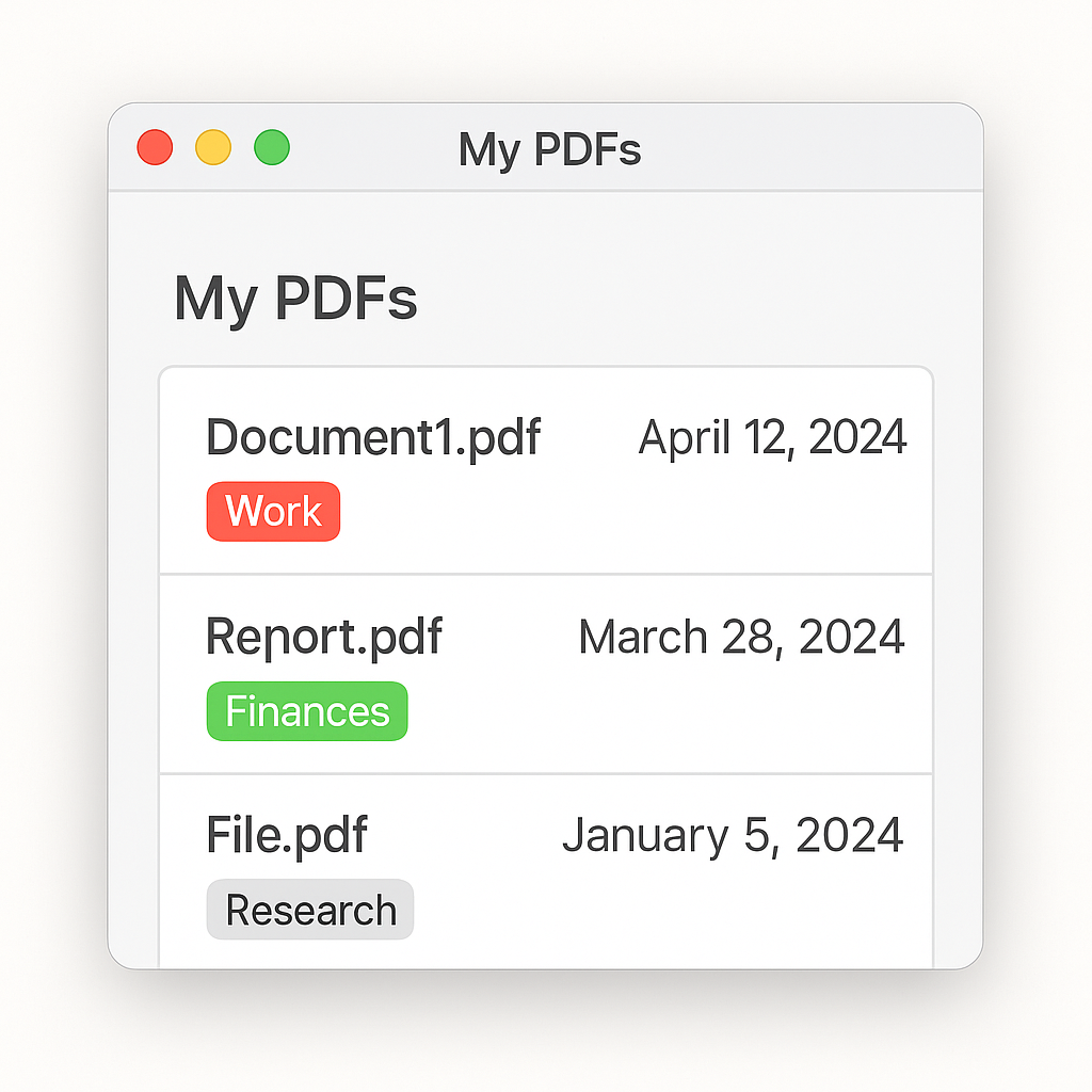 Encrypted PDF library view with document list, tags, and last opened dates